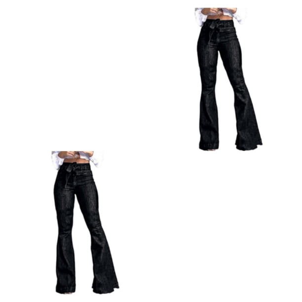 Qarigey Pantalones vaqueros de pierna ancha para mujer, pantalones acampanados de cintura alta, pantalones informales de realce de cadera para Negro L 2piezas
