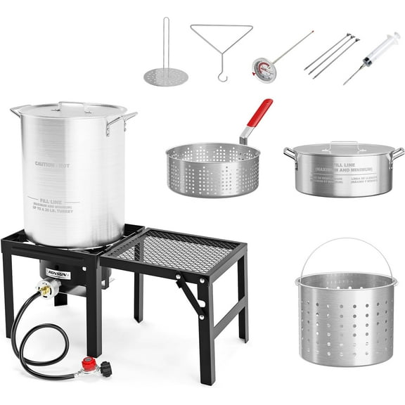 HOWEN 30QT Turkey & 10QT Fish Fryer Kit, 55000BTU Propane Stove, Aluminum Outdoor Deep Fryer Boiler Steamer with Baskets & Accessories