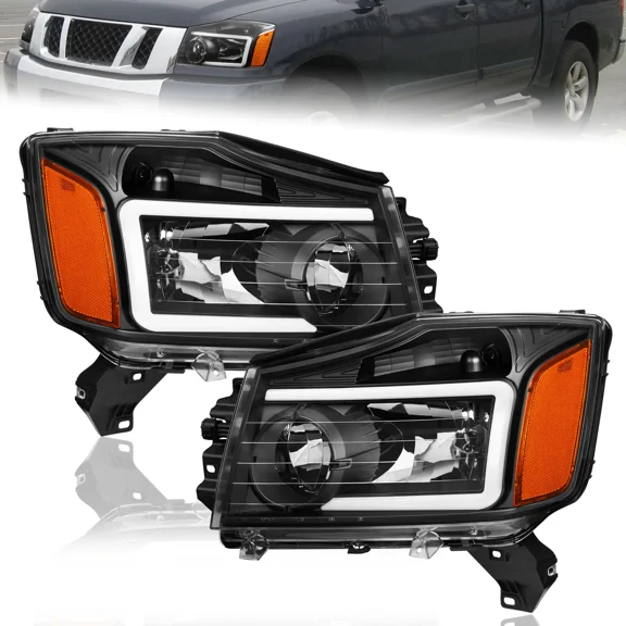 MOSTPLUS LED DRL Black Headlights Assembly for 2004-2015 Nissan Titan 2004-07 Armada