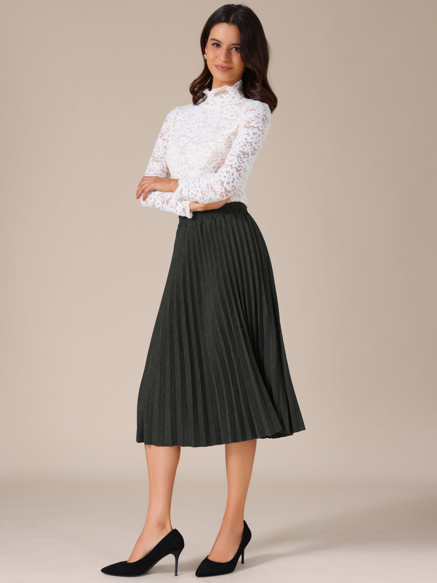 DARING DIVA Women's Pleated Midi Elastic A-Line Swing Flowy Long Skirts XX-Large Dark Grey