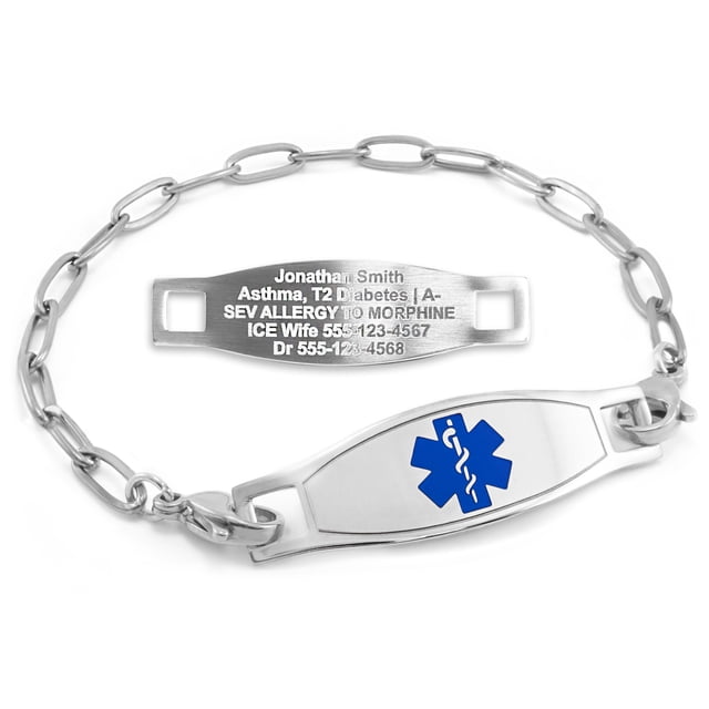 MedicEngraved Bracelet d'Alerte Médicale Personnalisé en Acier Inoxydable - Maillon Trombone 4 mm