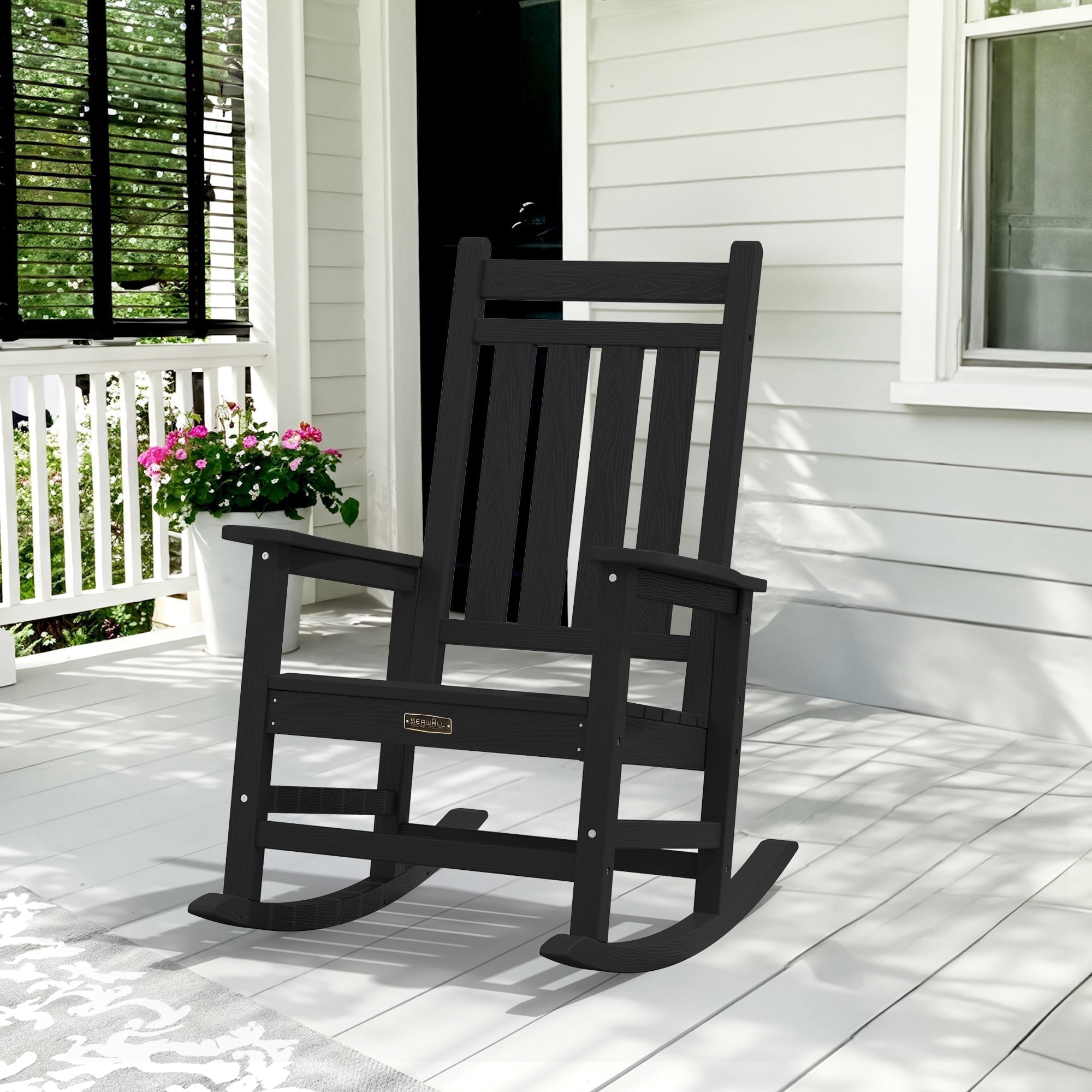 SERWALL Oversized Outdoor Rocking Chair, All-Weather HDPE Patio Rocker with Wide Armrests for Porch, Patio & Lawn, Black