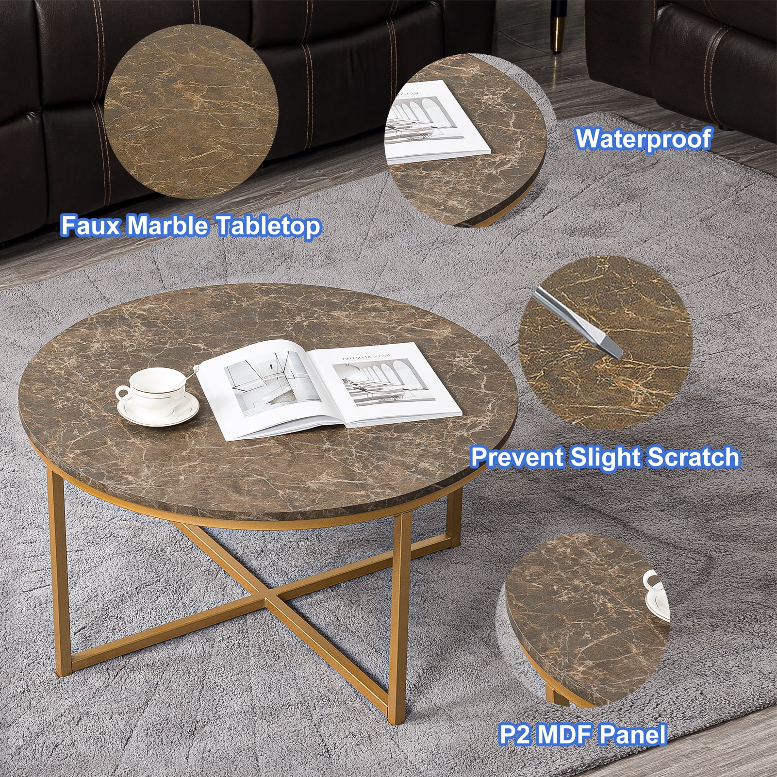 Kadyn Cross Legs MDF Coffee Table, Modern Metal Tea Table with Metal Base, Round Sofa Center Table Cocktail Table for Living Room, Golden Kadyn Cross Legs MDF Coffee Table, Modern Metal Tea Table with Metal Base, Round Sofa Center Table Cocktail Table for Living Room, Golden