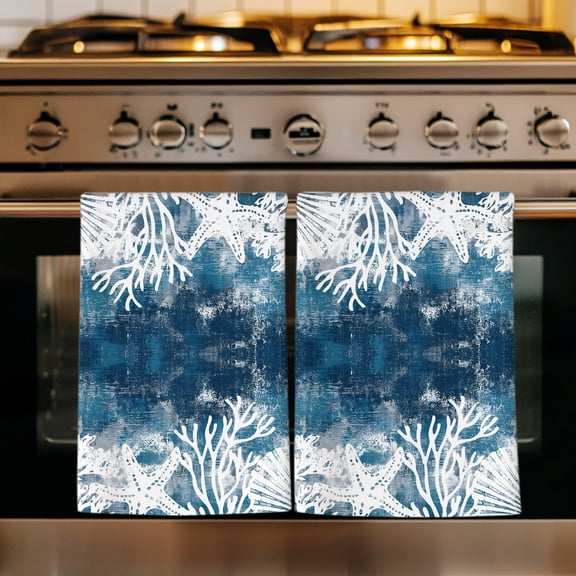Vintage Blue Coastal Kitchen Towels Set of 4, Beach Coral Starfish Modern Abstract Absorbent Dish Towels for Kitchen, Microfiber Hand Towel, Quick Drying Tea Towel for Cleaning Decorative Dishcloths