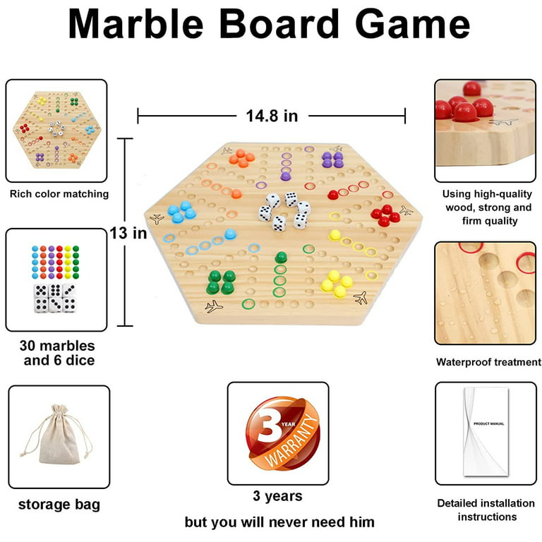  Medikaison Original Marble Game Wahoo Board Game Double Sided  Painted Wooden Fast Track Board Game for 6 and 4 Players 6 Colors 24  Marbles 6 Dice for Family Friends : Toys & Games