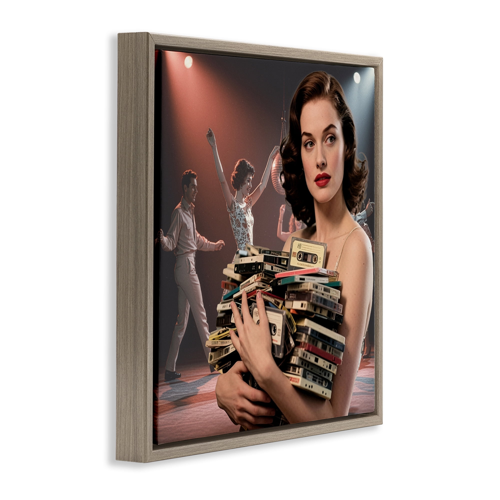 Stupell Industries Woman Holding Vintage Cassette Collection Brown Framed Floater Canvas Wall Art, design by CAD Designs