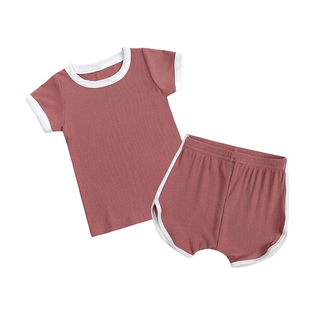 Ropa De Bebé (Niño O Niña) Traje De Niño Pequeño Verano Acanalado Top De Manga Corta Pantalones Cortos Conjunto De Dos Piezas Rosa Odeerbi LM103-10436