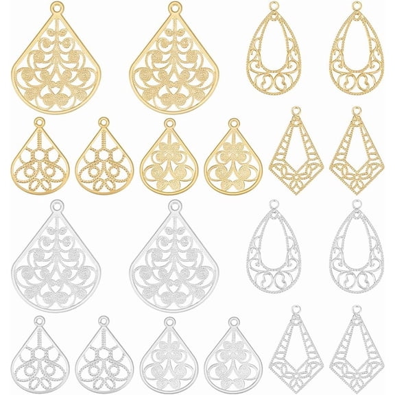 60pcs Filigree Earring Charms 5 Styles Flat Teardrop Filigree Earring Pendant Silver Gold Brass Hollow Metal Charms for Hairpin Headwear Necklace Jewelery Making 20~29mm