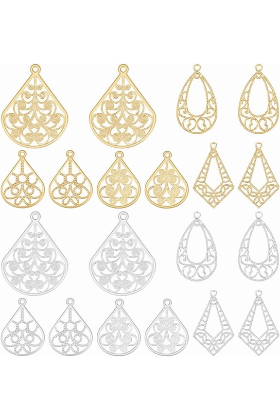 60pcs Filigree Earring Charms 5 Styles Flat Teardrop Filigree Earring Pendant Silver Gold Brass Hollow Metal Charms for DIY handcrafting