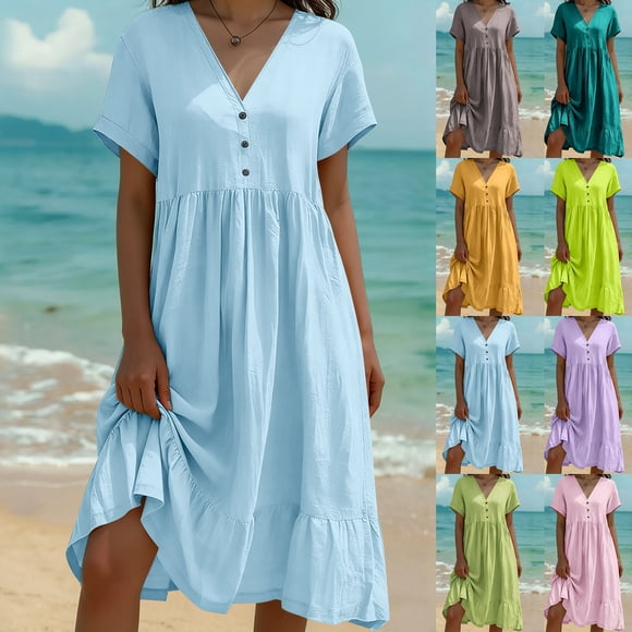Sentmoon Plus Size Prom Dress Birthday Dresses for Women Summer 2026 Solid Color Sleeveless V Neck Regular Fit Modest Dresses for Women for Work and Chic Style S-3XL