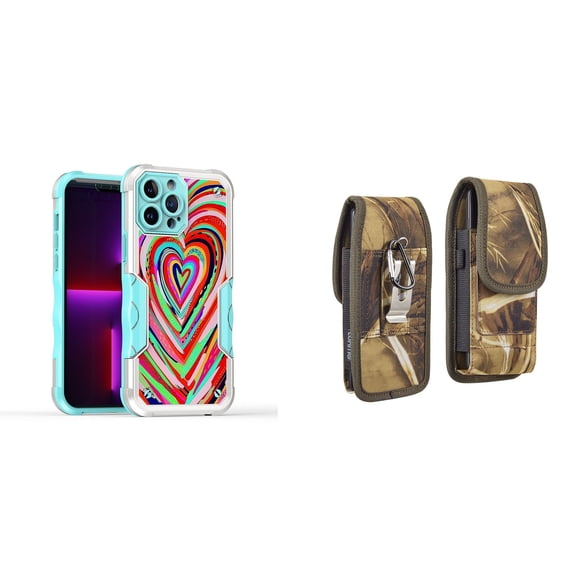 Case and Pouch Bundle for iPhone 14: Heavy Duty Armor Rugged Case (Abstract Love Hearts) and Vertical Rugged Nylon Belt Holster (Camo)