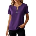 thumbnail image 6 of Miluxas Women's Zip Up Short Sleeve Pullover Top V-Neck Solid Casual T-Shirt Summer Basic Work Daily Outfits Purple, 6 of 6
