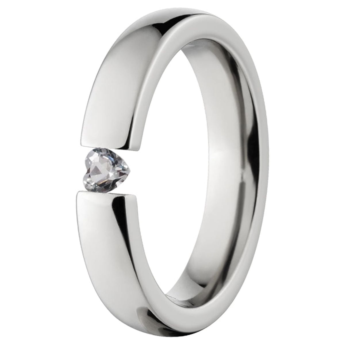 Heart Shaped White Saphire 4mm Stainless Steel Tension Set Ring