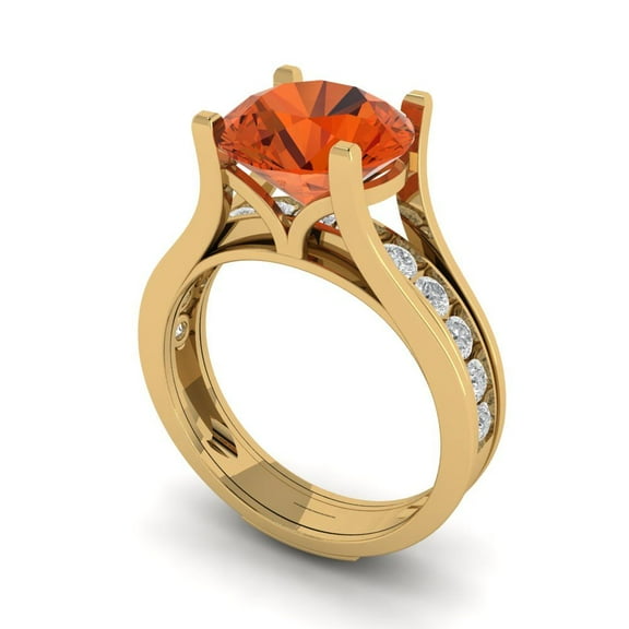 3.39 ct Brilliant Round Cut Red Zircon 14k Yellow Gold Solitaire with Accents Engagement Bridal Wedding Ring Band Set size 6.25