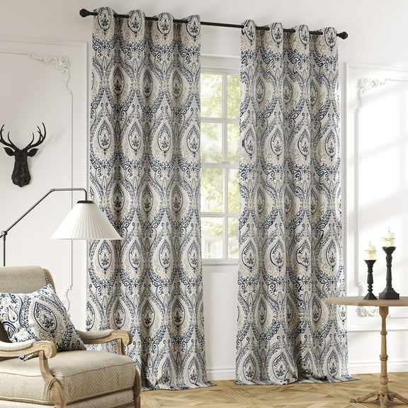 Curtainking Damask Printed Curtains for Bedroom Living Room Vintage Linen Textured Thermal Insulated Curtains Grommet 2 Panels 96 inch Length Blue on Greyish Beige