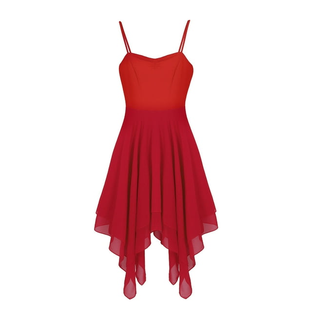 inhzoy Robe de Danse Lyrique pour Femmes en Chiffon Bretelles Spaghetti Asymétrique Robe de Bal Rouge m