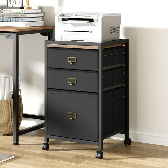 File Cabinet with 3 Fabric Drawer, Mobile Filing Cabinet Printer Stand with 4 Wheels, Rolling Under Desk Storage Cabinet