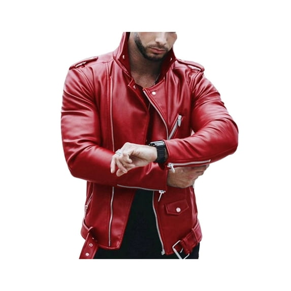 hirigin Men's PU Leather Jacket, Plain Color Zip-Up Long Sleeve Rivet Lapel Moto Biker Jacket, Cool Slim Buckle Belt Hem Outerwear
