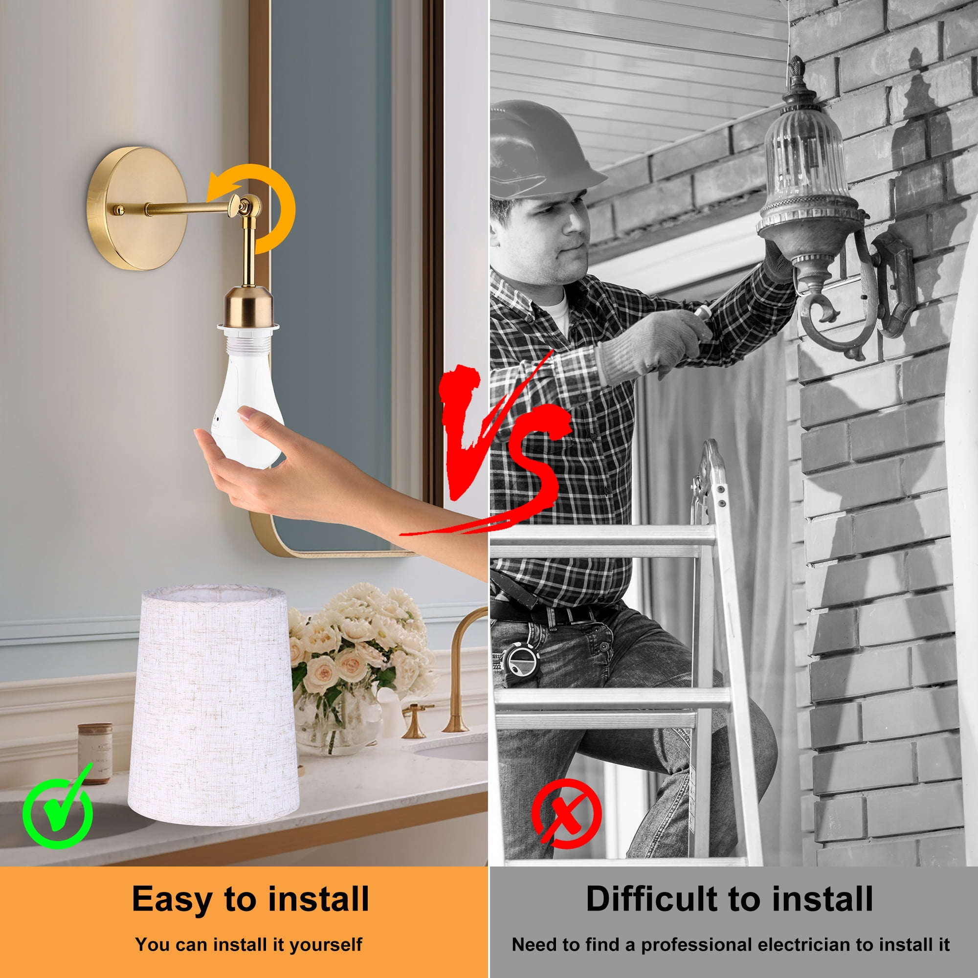 Battery Operated Wall Sconce Set of Two,Modern Gold Rechargeable Wall Lights with 5200mAh RGB Bulb and Remote Control,270°Rotation Dimmable Battery Powered Wireless Wall lamps for Bedroom Living Room