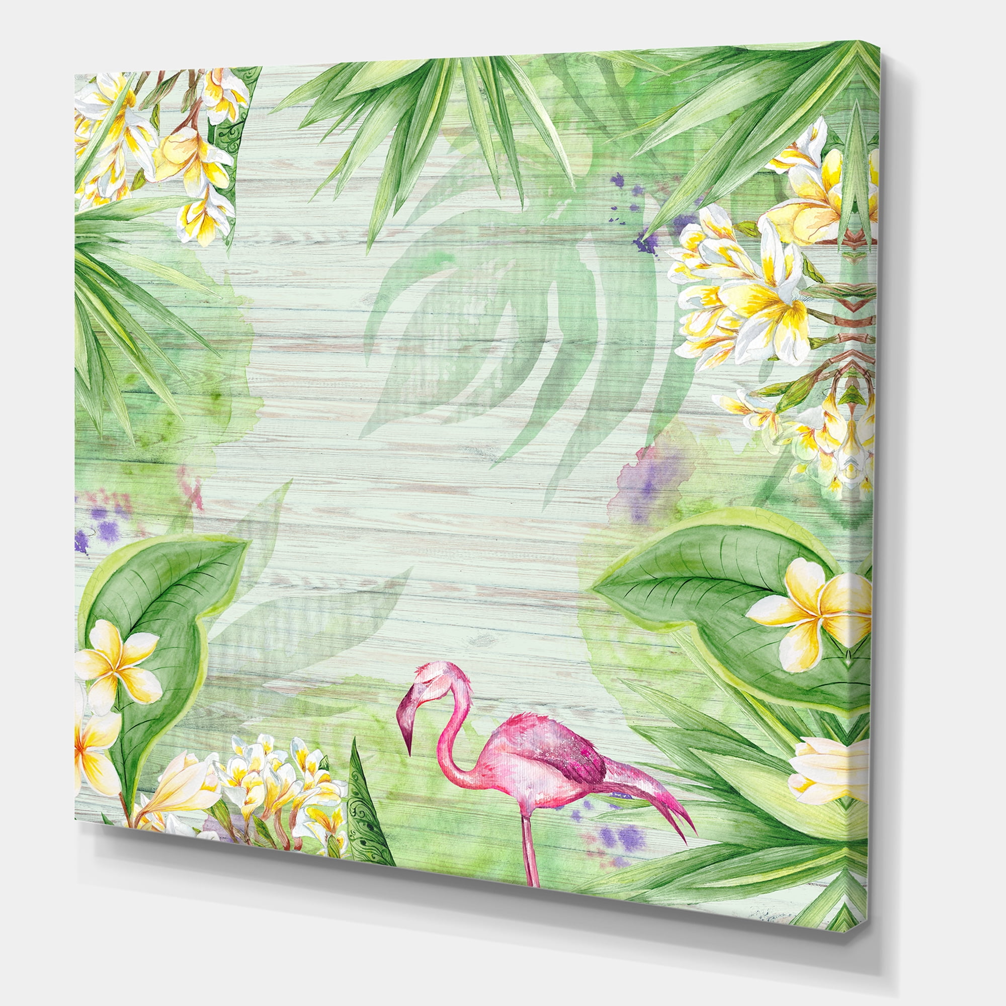 Designart ' Yellow Flowers, Tropical Foliage With Flamingo I ' Modern Canvas Wall Art Print