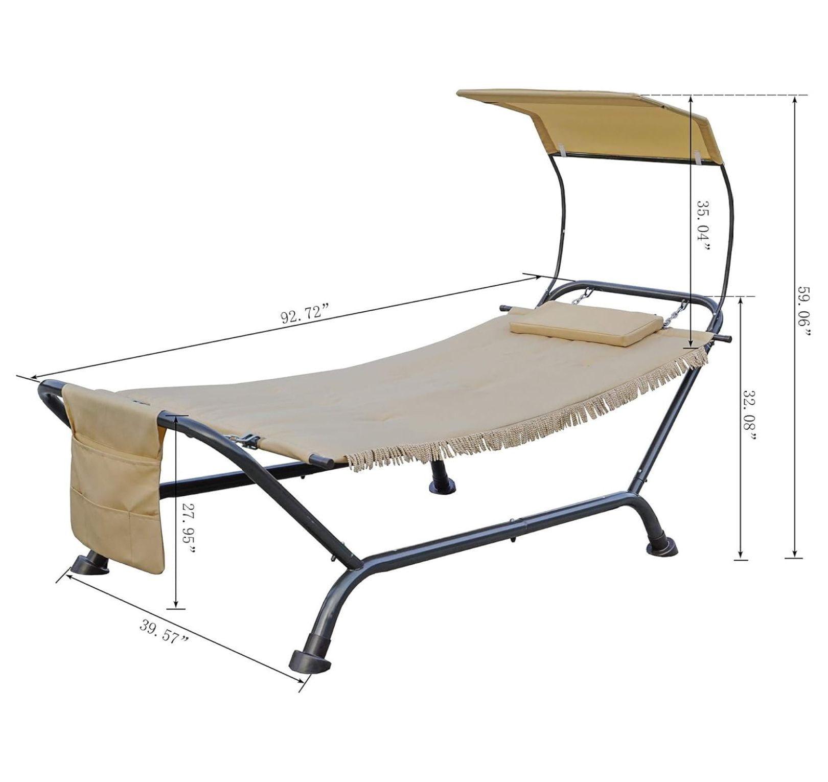 Ailsa Outdoor Patio Hammock with Stand, Pillow, Storage Pockets (Beige Canvas and Black Frame)