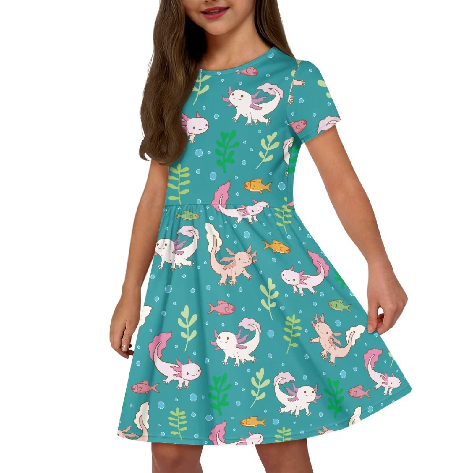 Uourmeti Axolotl Short Sleeve Dress for Toddler Girls Cute Wedding Party Swing Dresses Summer Soft Crew Neck Midi Dress with Pockets