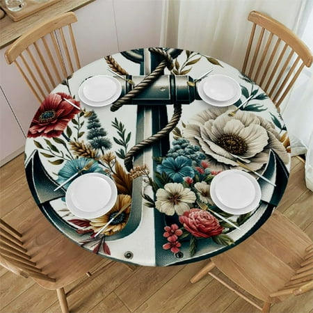 

Patifu Anchor Floral Round Table Cover Stain Resistant Washable Indoor Outdoor Tablecloth Kitchen Dining Wedding Parties 100% Polyester Fiber 42-46