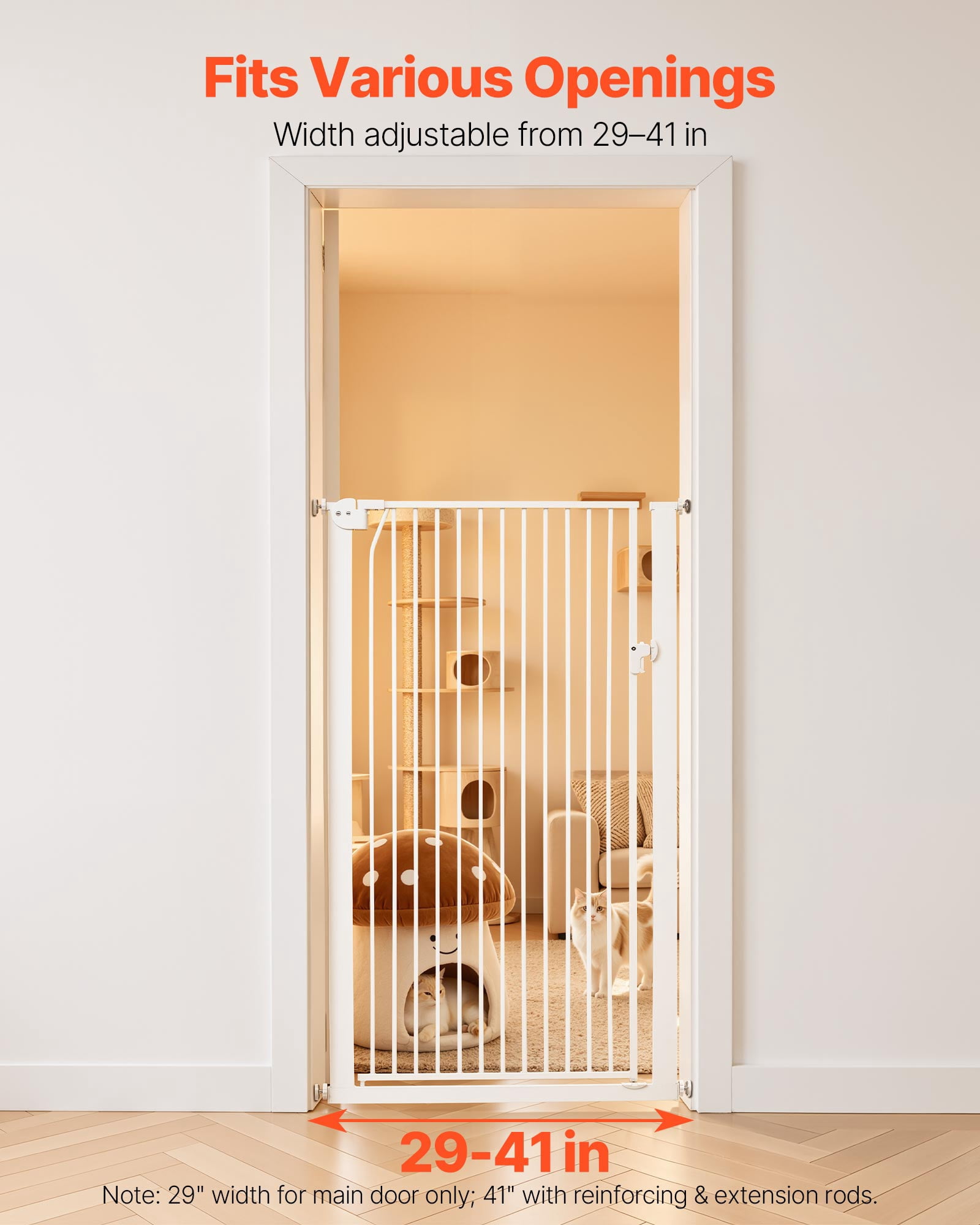 VEVOR Extra Tall Pet Gate for Cats, 29-41 in Adjustable Width, 56 in High Dog Gate, with Pressure Mount Kit and Wall Mount Kit, 1.3 in Narrow Bar Spacing, for Stairs, Doorways, and House, White