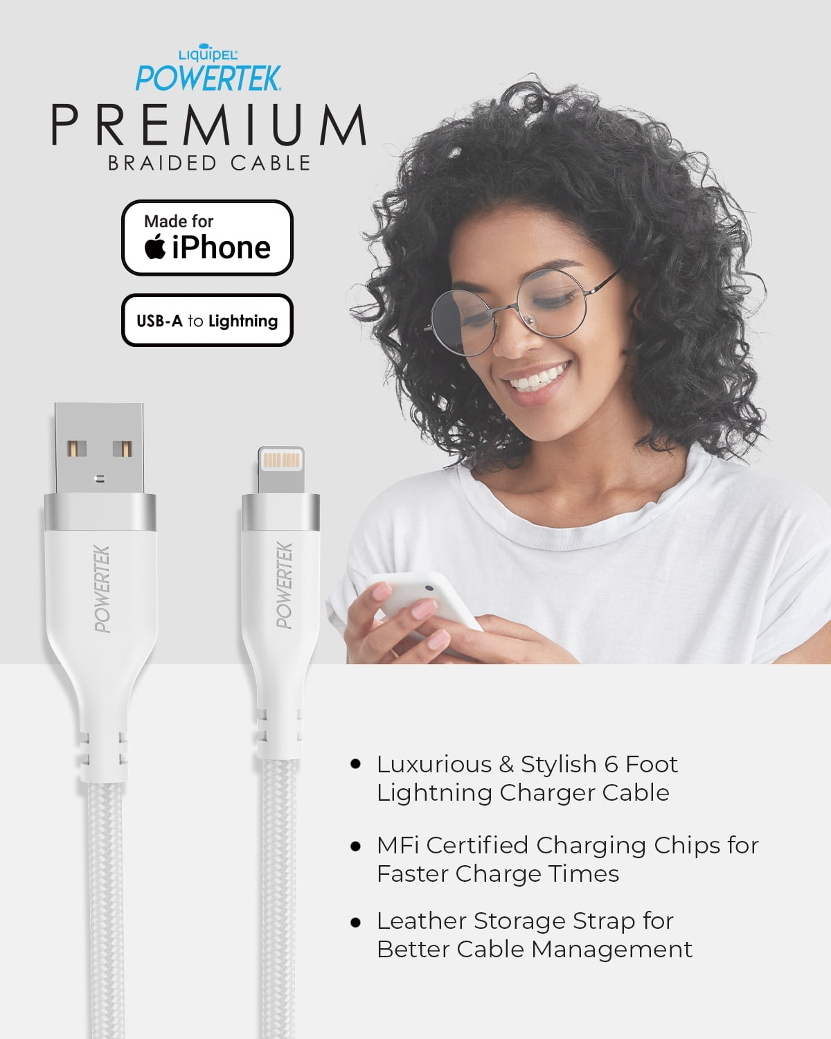 Liquipel Powertek iPad & iPhone Lightning Charger Cable, Fast Charging 6ft MFI, Premium White