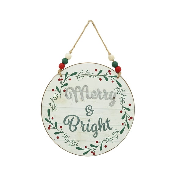 Parisloft Merry and Bright Christmas Vintage Wood Wall Decor, Multicolor, 7.9" Dia.
