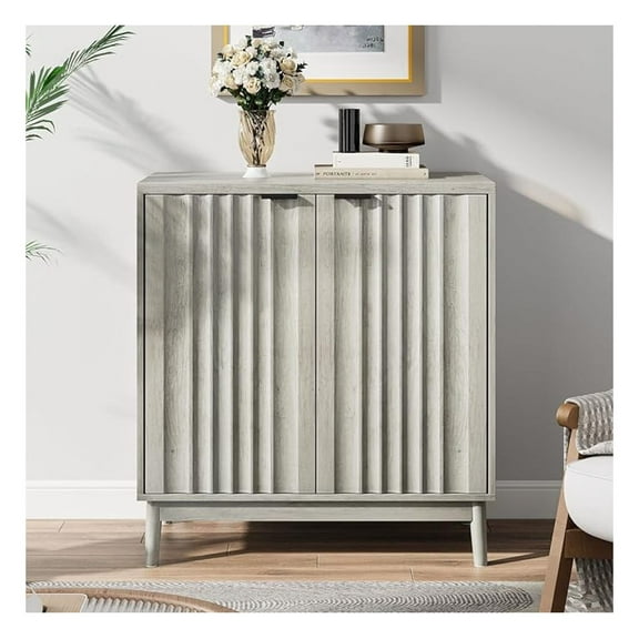 Modern Fluted Sideboard Buffet Cabinet with 2 Carved Doors & Heavy-Duty Design, Coffee Bar Station, Entryway Storage Cabinet for Living Room, Kitchen, Light Grey, 31.5“ W