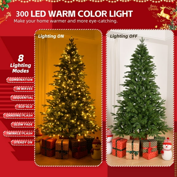 6ft Lighted Christmas Tree, Holiday Decorated Christmas Tree with 300 Warm White Lights, 728 Branch Tips and Metal Base for Holiday Parties, Stores, Offices, Homes, Green