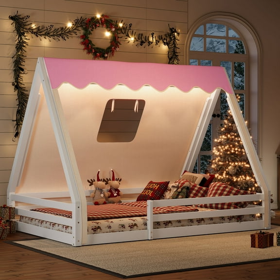 Full Size House Floor Bed with Tent and Light, Solid Wood Teepee Floor Bed with Full-length Guardrails, Montessori and like Design, White Pink