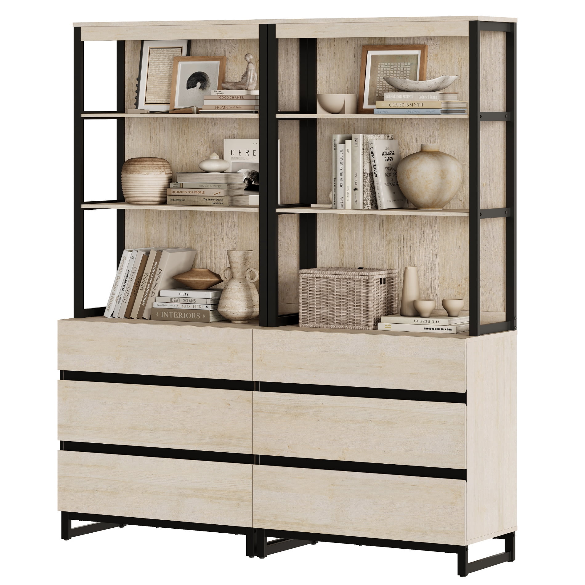 WAMPAT 2 PCS Modern 72" Tall Bookcase with 6 Drawers and Open Book Shelfs, Library Book Shelf with Storage Cabinet and Metal Base, Wood Freestanding Bookshelves for Home Office, Living Room, Beige