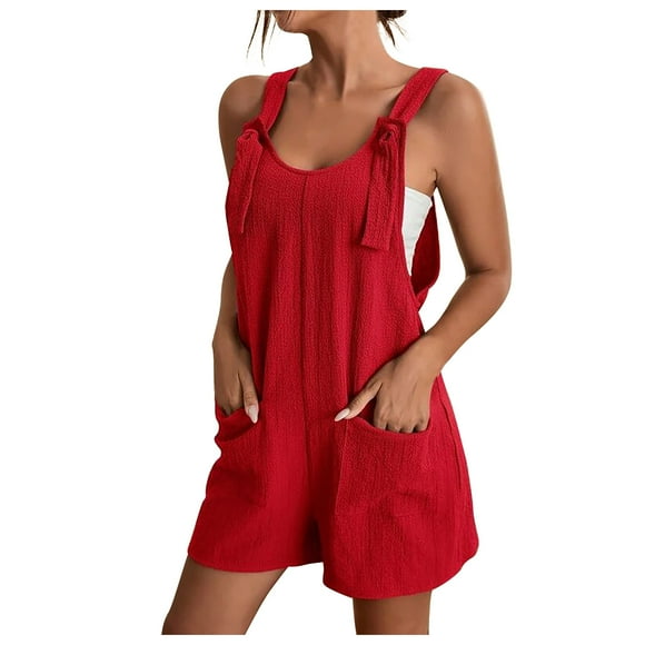 ZVAVZ Jumpsuits for Women Summer Casual,Women's Sleeveless Loose Shorts Overalls Adjustable Strap Jumpsuits Wide Leg Romper Shorts With Pockets Deals of Today Prime Red S