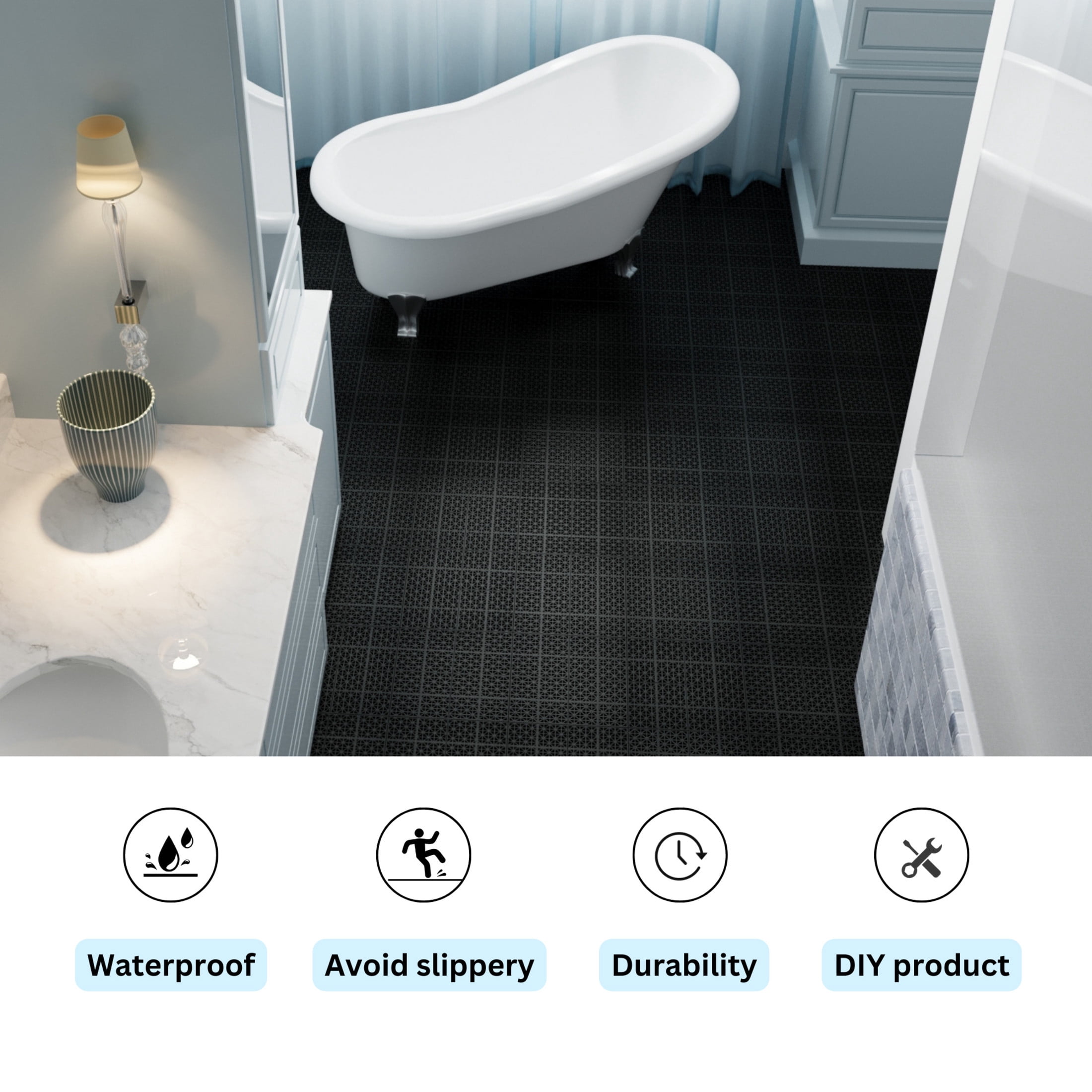 Noble House 12" Rosette Plastic Waterproof Interlocking Deck Tiles, Heavy Duty, Anti-slip Bathroom, Black, 12 PCS