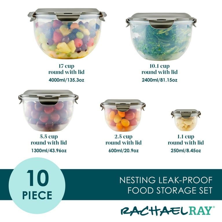 Rachael Ray Leak-Proof Nestable Round Food Storage Container Set 10Pcs Gray  Lids