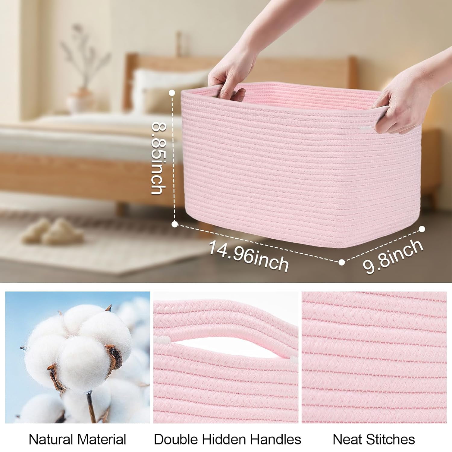Natubeau 3 Pack Woven Storage Basket for Shelves, Cotton Rope Storage Bins for Toys Books, Storage Baskets for Organizing, 14.96"X9.8"X8.85", Pink