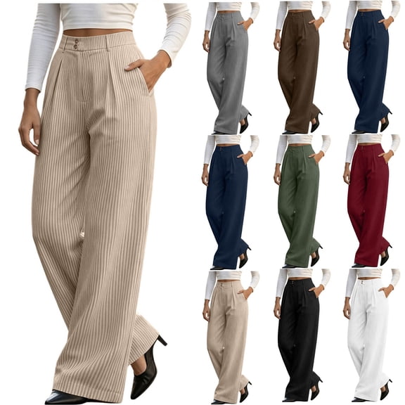 Women's Corduroy High Waist Wide Leg Dress Pants Pleated Front Loose Suit Trousers Business Casual Pants with Pockets Fashion Bottoms White