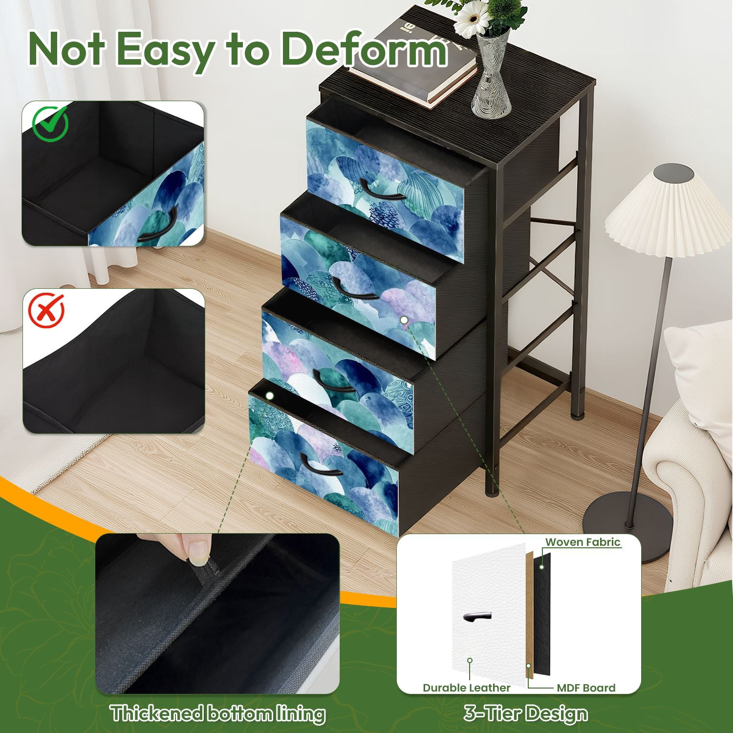 4 Drawer Vertical Storage Dresser Abstract scales Fish skin texture teal turquoise with Wood Top Fabric Pull Drawers