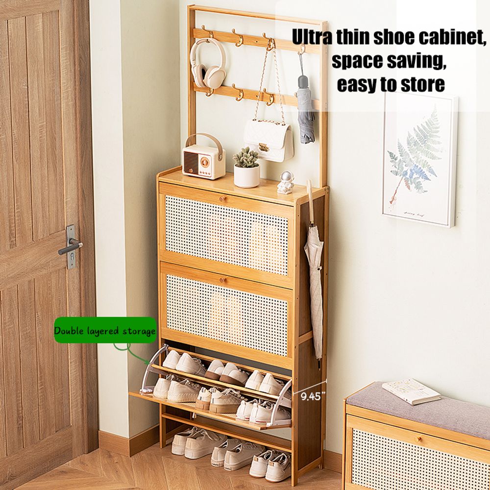 WGYPRIME Shoe Cabinet with 3 Rattan Flip Drawers, Farmhouse Style Bamboo Shoe Storage Cabinet with Coat Hooks, Freestanding Shoe Rack Organizer for Entryway, Hallway, Closet, Living Room