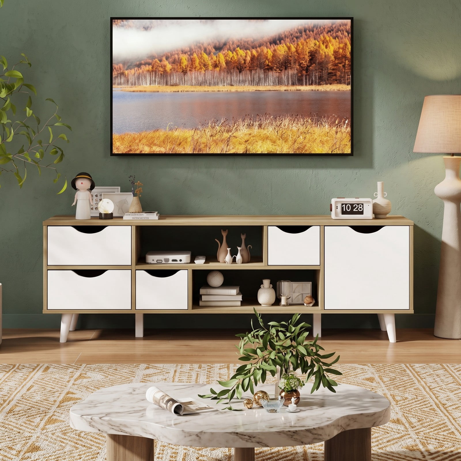 Furnibear TV Stand for TVs up to 55 Inch, Wood Entertainment Center Media Console with 4 Drawers and 2 Open Shelves, Adjustable Shelf, 6-Point Structure, Oak