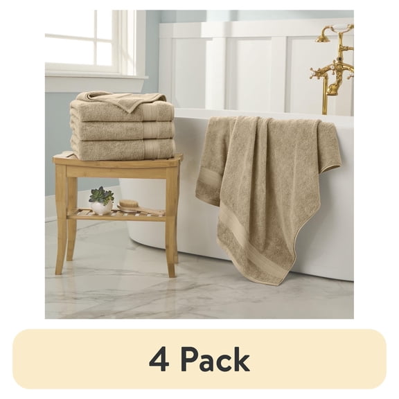 (4 pack) WelHome 100% Cotton 4 Piece Ultra SOFT TWIST Solid Bath Towels Set, Tan, 600 GSM, 30in x 54in, Highly Absorbent, Bathroom Towels For Everyday Use