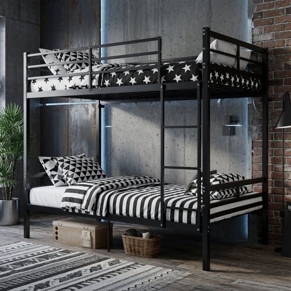 Twin over Twin Bunk Bed with High Guardrail, Split into 2 Beds, Space-Saving Metal Frame, Black