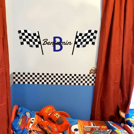Personalized Race Car Flags Wall Decal Choose Colors Fonts, Boy Nursery