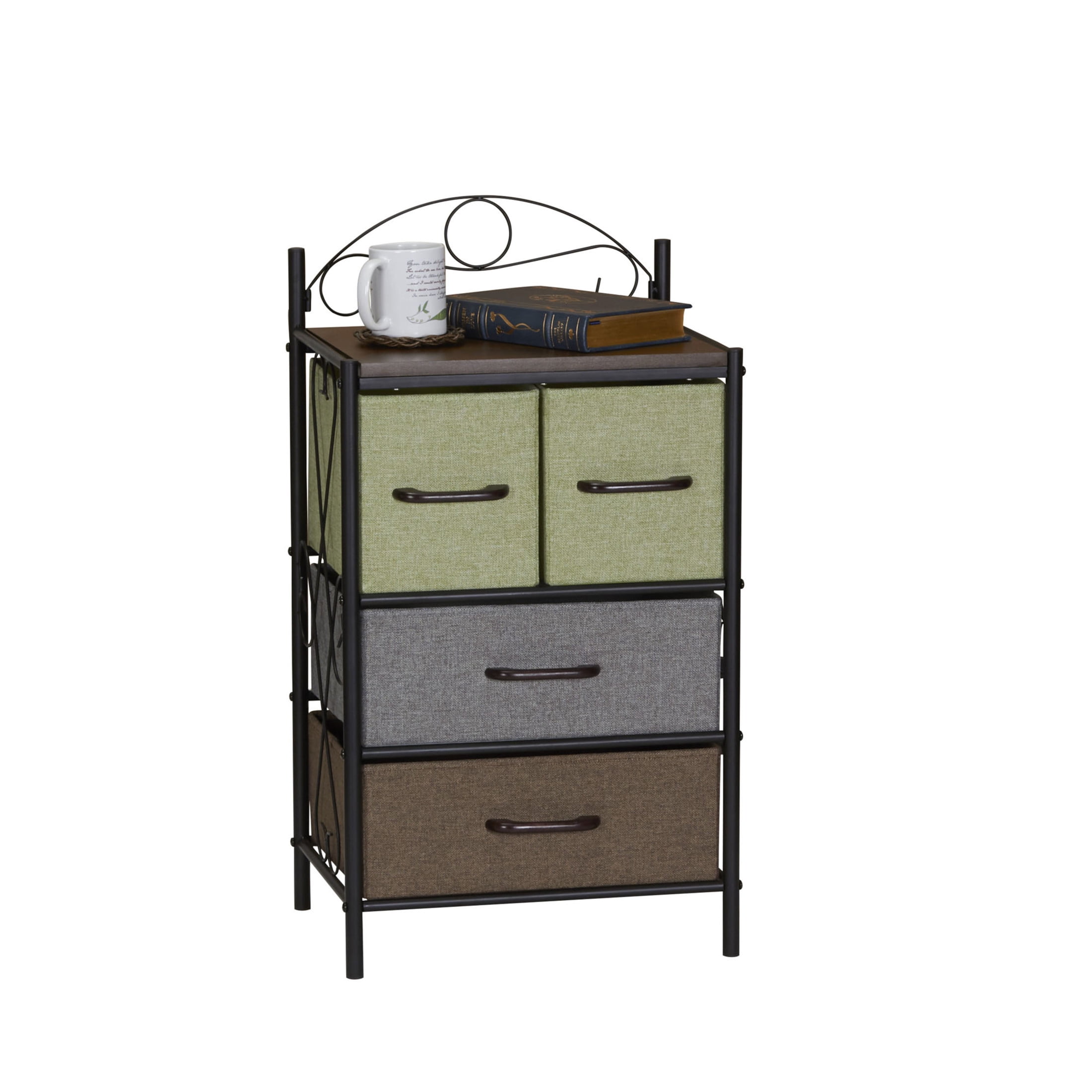 Household Essentials Victoria Dresser Nightstand Storage Organizer with 4 Multicolor Drawers Black Metal Frame and Mid Century Walnut Wood Grain Top