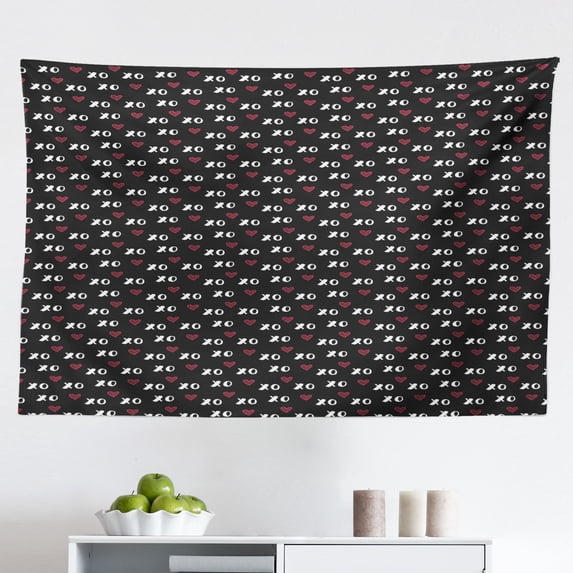 XOXO Tapestry, Love Design Striped Hearts and Kisses Abbreviation, Fabric Wall Hanging Decor for Bedroom Living Room Dorm, 2 Sizes, Dark Coral Charcoal Grey, by Ambesonne