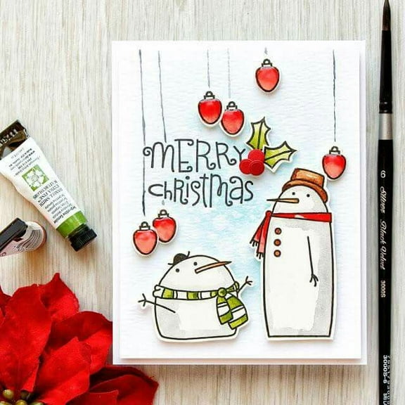 Hand-Illustrated Christmas Card featuring Snowmen and Ornaments – “Merry Christmas” Greeting – Perfect Holiday Card for Family and Friends