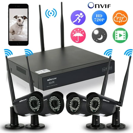 Network Camera Recorder Software KKmoon 4 Channel HD 720P Wireless WiFi NVR Network Video Recorder + 4pcs 720P WiFi IP Camera Support Onvif IR Night Vision Motion Detection Remote Playback Weatherproof for CCTV Security System ()