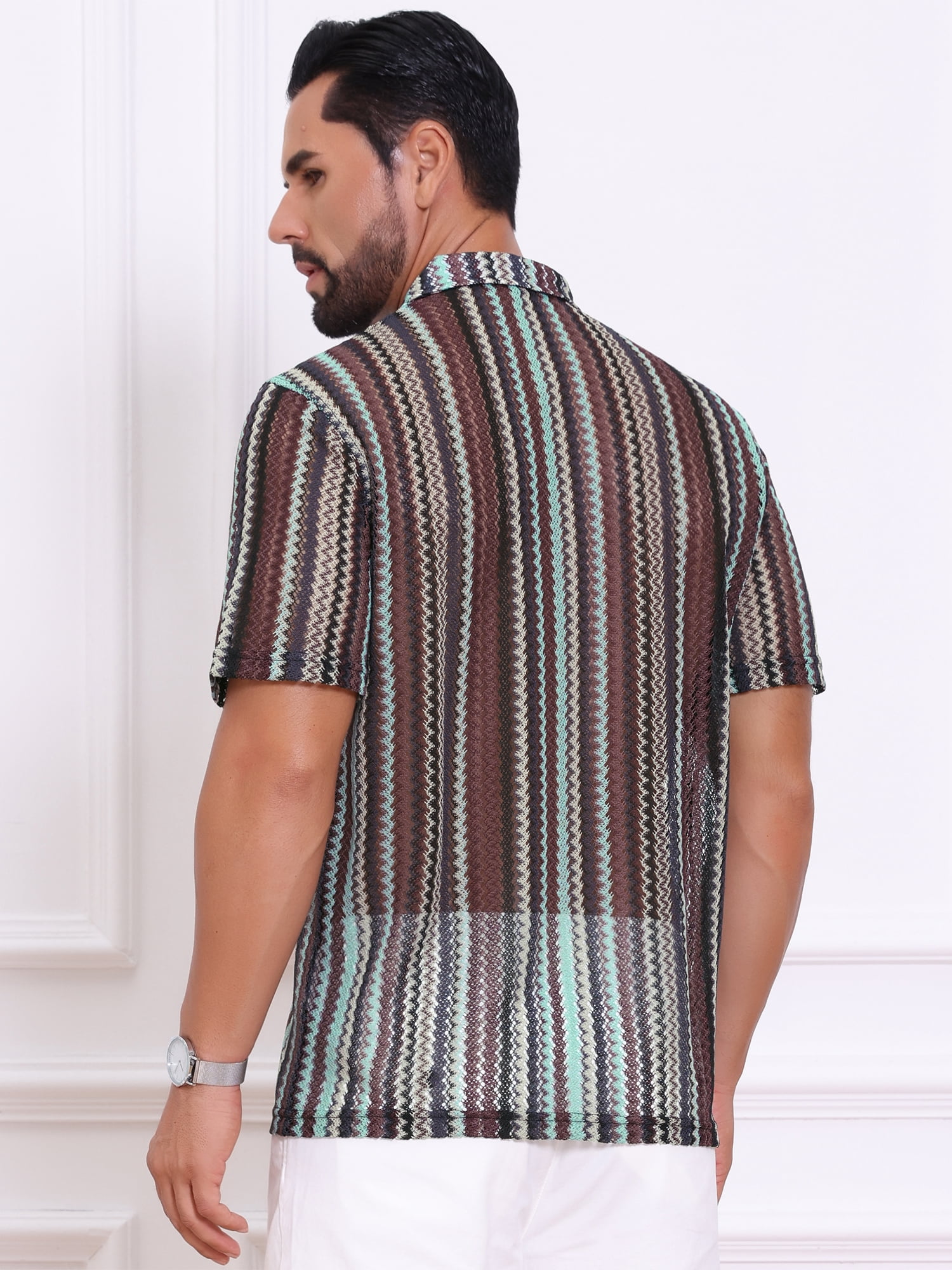 DARING DIVA Men's Striped Short Sleeve Button Down See Through Shirts 2XL Gray Brown